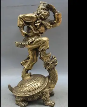 

671115313++17" Chinese Brass Handsome Monkey King Sun Wu Kong Ride Dragon Turtle Statue