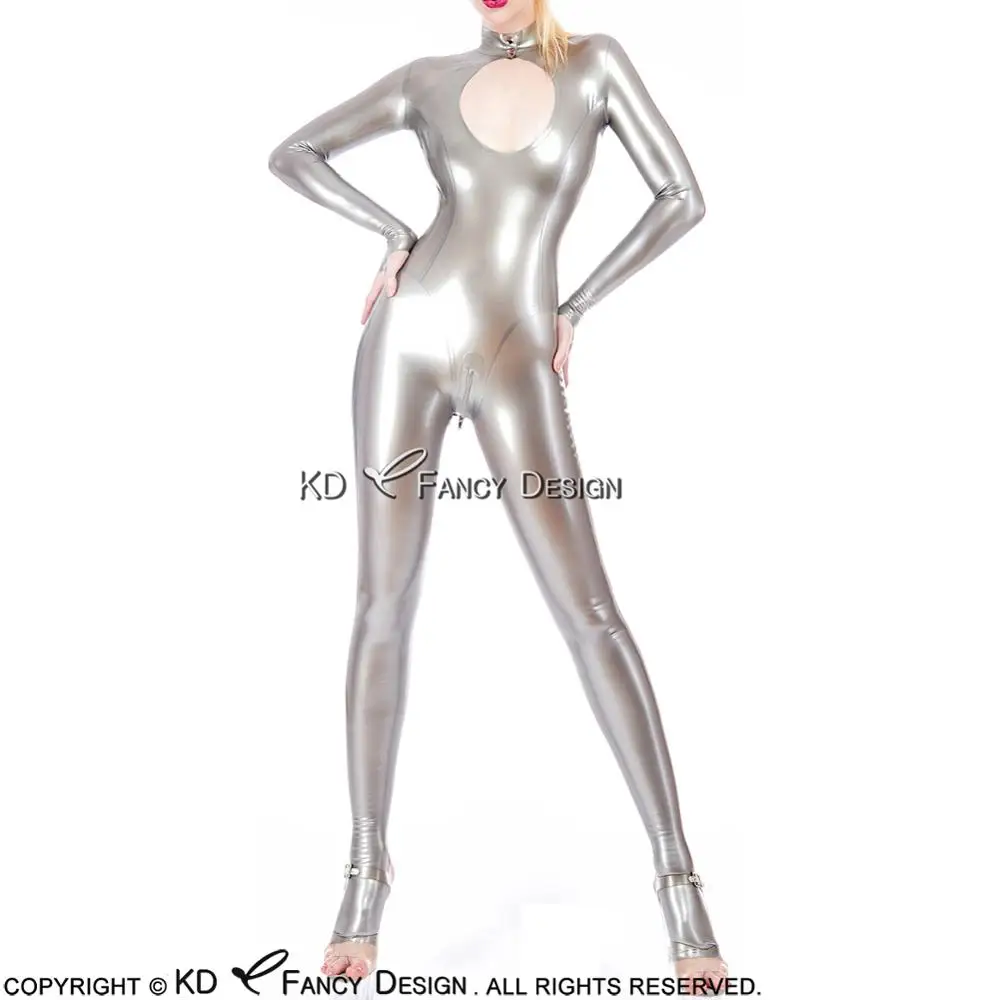 

Metallic Silver Sexy Latex Catsuit With Crotch Zipper Open Front Rubber Body Suit Catsuit Bodysuit Zentai Overall LTY-0059