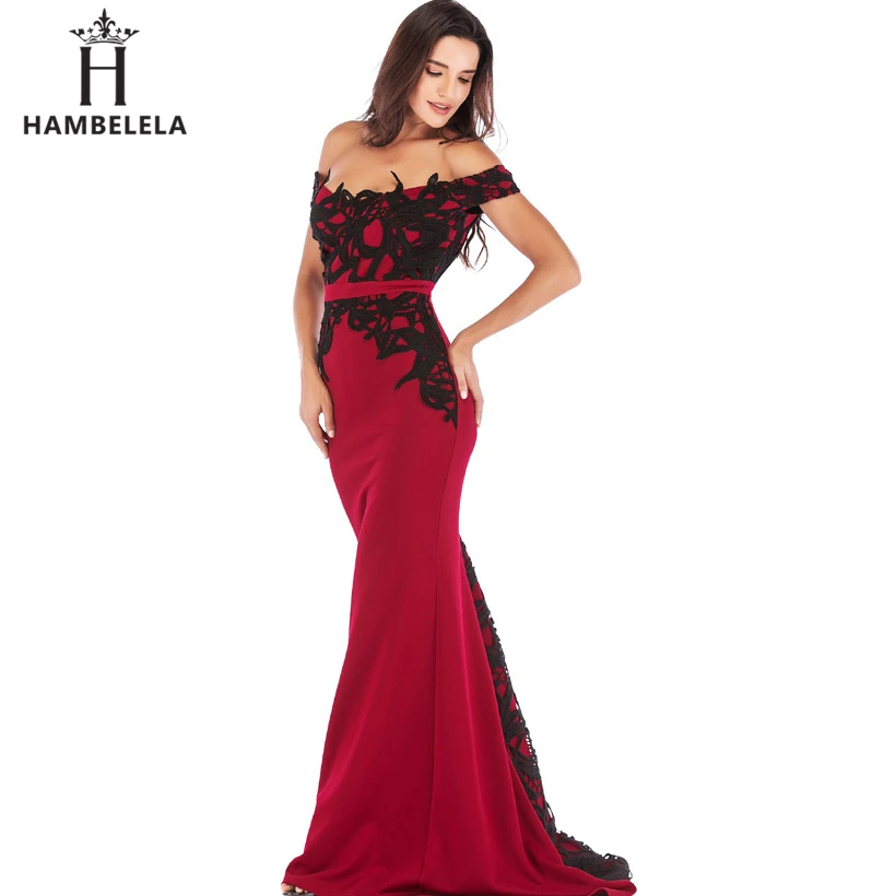 HAMBELELA, сексуальное платье-Русалка без бретелек с открытыми плечами, длинное цветочное Кружевное облегающее платье, черные, розовые, красные, элегантные платья в пол - Цвет: Красный