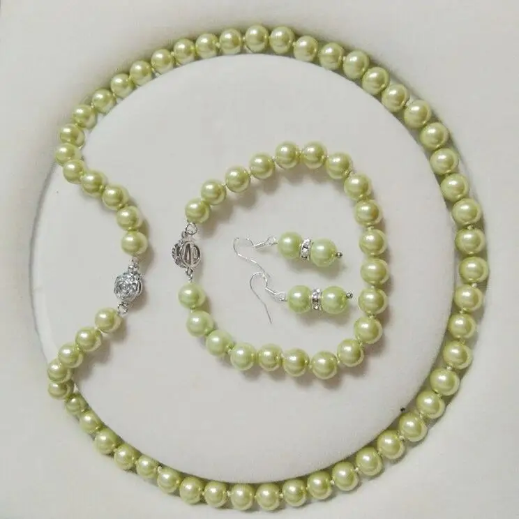 

beautiful 8mm AAA Light Green Shell Pearl necklace Bracelet Earring Set