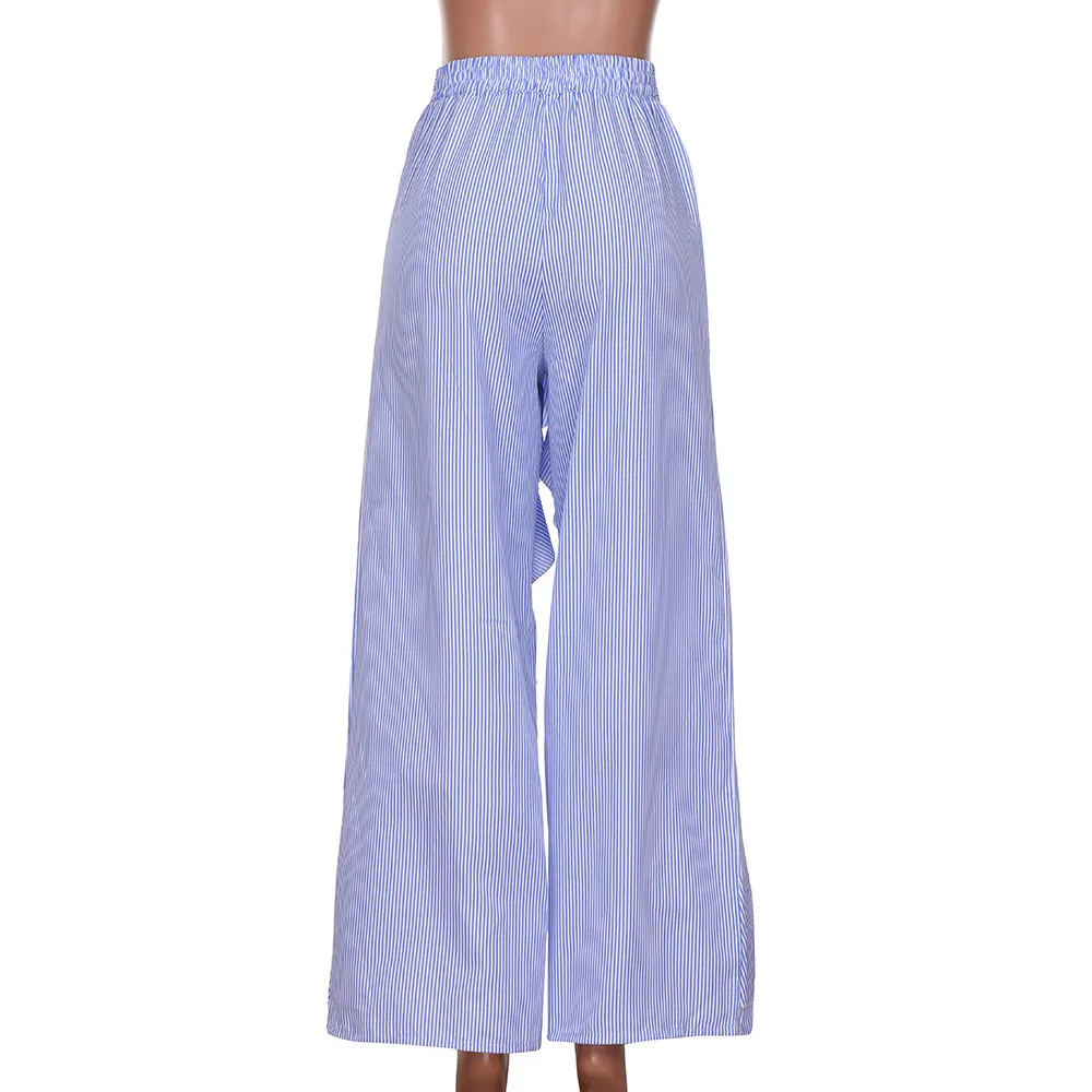 Sleeper#401 новые модные женские летние полосатые широкие брюки с высокой талией, повседневные длинные брюки синего цвета
