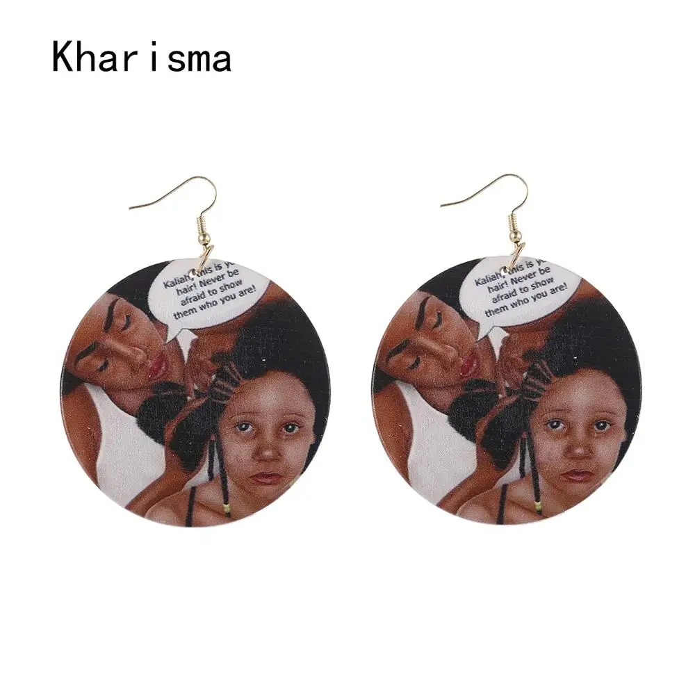 KHARISMA 2019 Women Fashion Round Wooden Mom Love Printed Printing Drop Earrings Ethnic African Lady Statement Jewelry | Украшения и