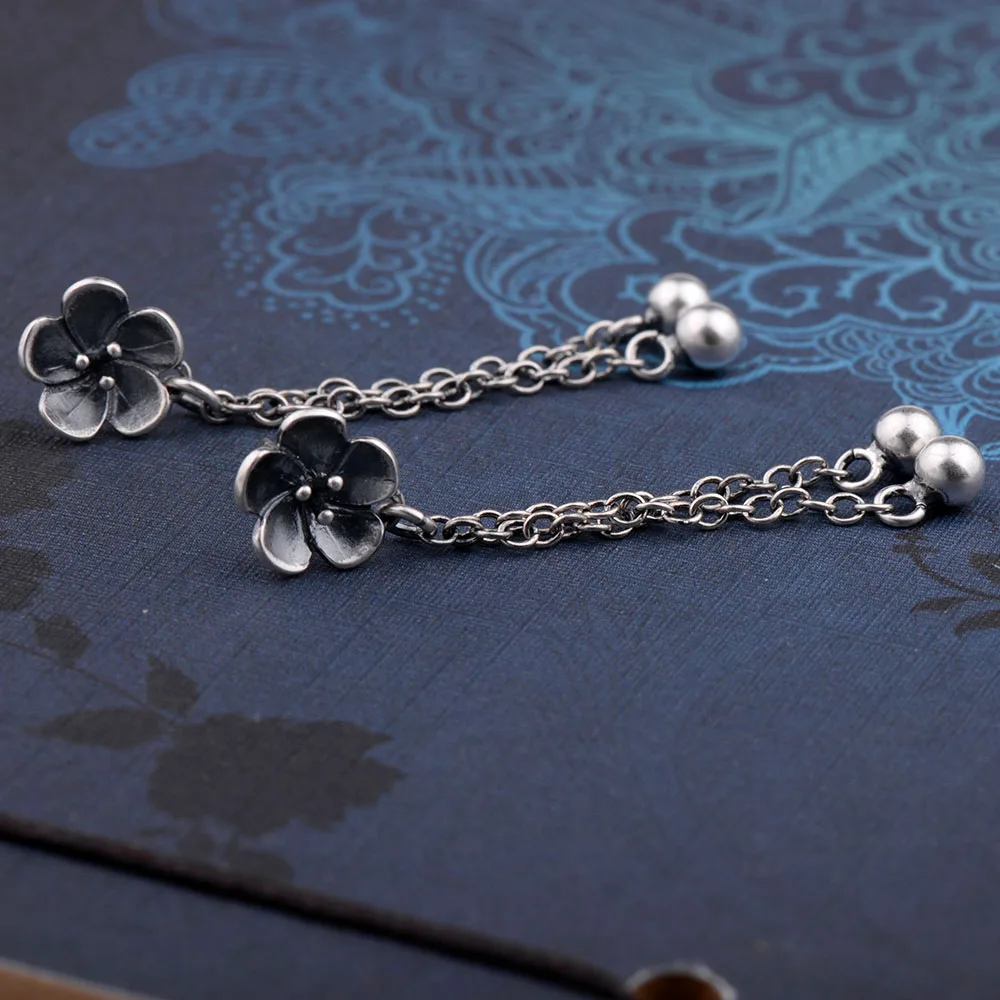 Mythic Age Real 925 Sterling Silver Ethnic Peach Blossom Flower Vintage Tassel Stud Earrings Jewelry Gift for Woman Girl Fine Jewelry