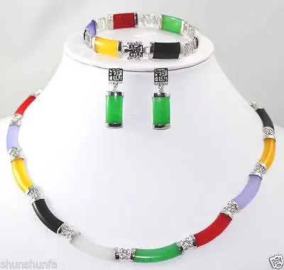 

pretty Fine Multi-Coloured Jade bracelet earring Necklace Silvered set>AAA 18K GP Plated gold Bridal wide watch wings queen JEWE