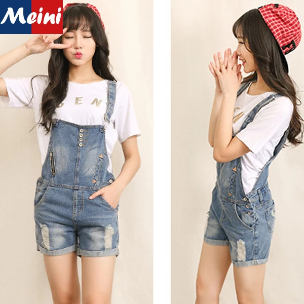 Spring 2015 New Korean Ripped Hole Short Denim Romper For Girls Cute Summer Casual Short Pants