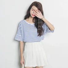 Высокая эластичность летняя полосатая футболка женская хлопковая свободная футболка с коротким рукавом в морском стиле с круглым вырезом футболка s синяя и серая A635