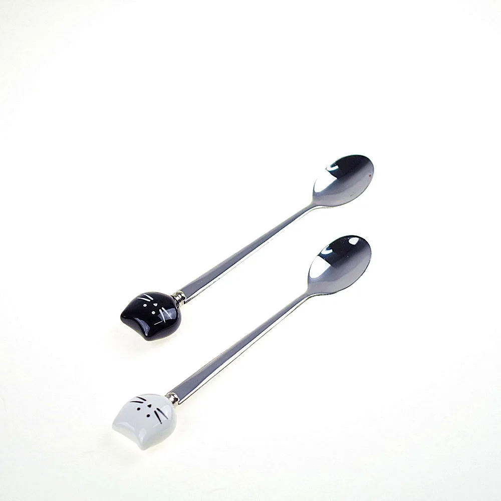 

2 Colors Kitty Cat Spoon Stainless Steel Tea Coffee Spoons Ice Cream Cutlery Tableware Handle Spoon Kitchen Dinnerware