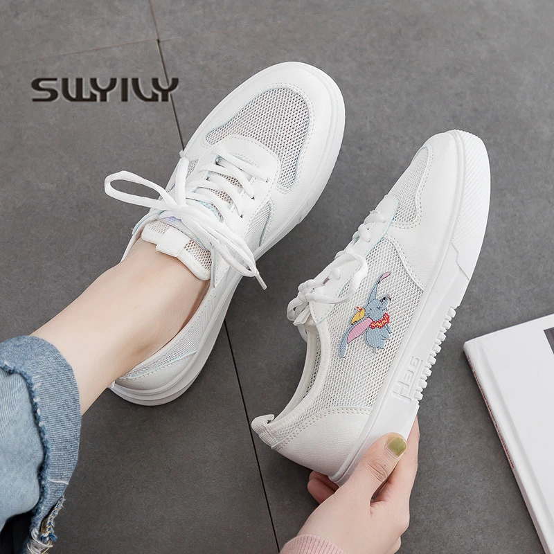 

SWYIVY Women White Sneakers Summer 2019 New Hollow Out White Shoes Female Flats Students Breathable Leisure Sneakers Size 40