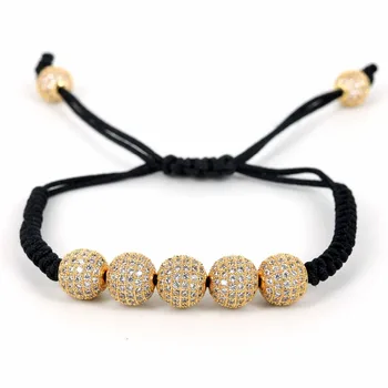 

Famous Brand Men Bracelets 10mm Pave Setting Black CZ Beads & 24K Gold 8mm Round Beads Braiding Macrame Bracelet For Men