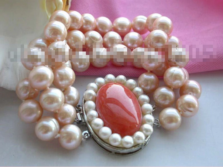 

Free shipping >>>>>>8" 3rows Genuine Natural 12mm Pink Round Pearl Bracelet!
