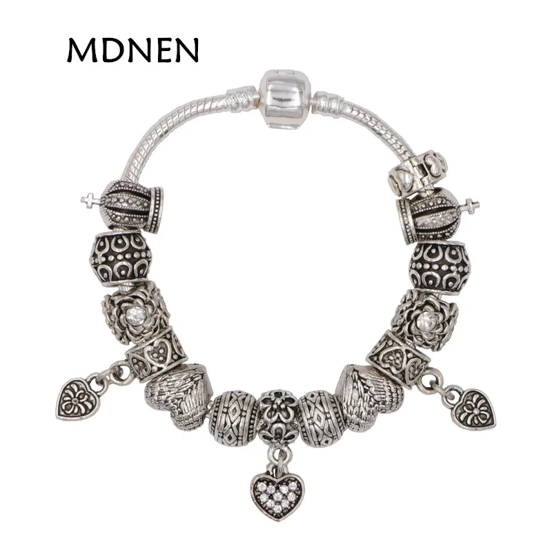 

MDNEN High Quality Noble Vintage Silver plated Heart pendant Charm Pandora Bracelets & Bangles For Women Fashion Gift BYBR037
