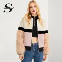 Sheinside Zip Up Faux Fur Sleeve Plaid Notched Coat Women Clothes 2018 Color Block Winter Jacket Thicken Outerwear Womens Coats