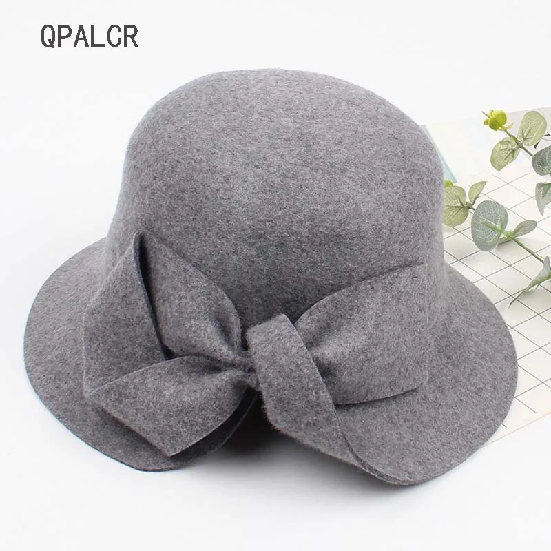 

QPALCR Winter 100% Wool Felt Hats For Women Vintage Bucket Cap Lady Formal Brim Bowknot Wool Fedora Hat Black Church Hat