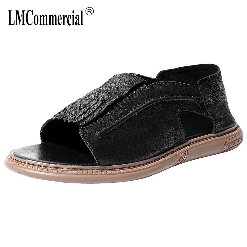 

Open-toed Mens Beach Sandals Magic Sticker Sandals Men Genuine LeatherThick-soled Roman Sandals male gladiator sandals summer