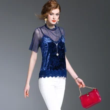 Американский Женская летняя Весенняя мода воротник стойка Guaze Лоскутная 2 шт футболка набор женские футболки кружевная розовая футболка