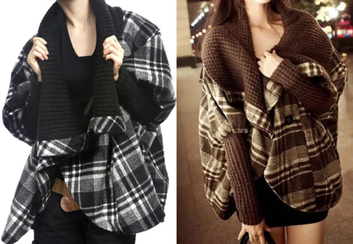 Ms. Woolen yarn plaid Loose thin stitching bat sleeve cape two pocket Jacket |