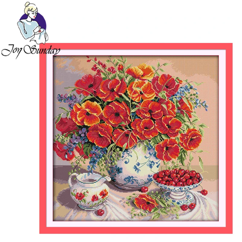 

Joy Sunday,Poppy cherry,cross stitch embroidery set,printing cloth embroidery kit,needlework,Flowers pictures cross stitch set