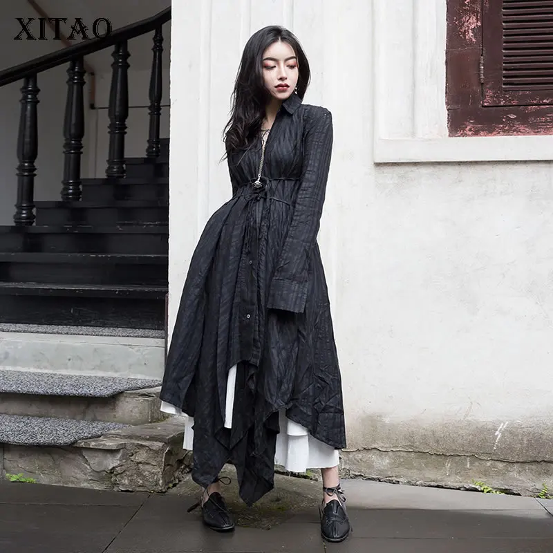 

[XITAO] Women 2019 Spring Fashion Turn-down Collar Full Sleeve Loose Dress Female Solid Color Sashes Ankle-length Dress WBB3104