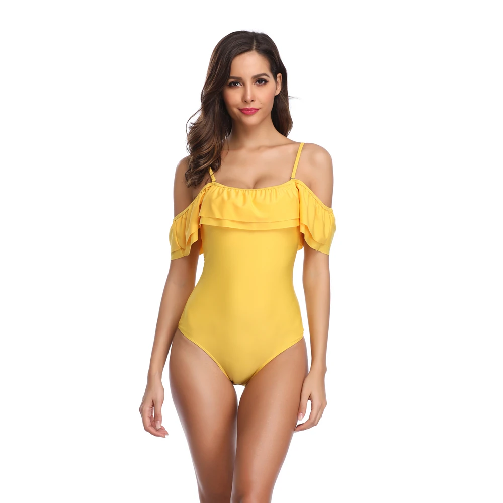 

Sexy Off The Shoulder Yellow Solid Swimwear Women Lace Up One Piece Swimsuit Female Bathing Suit Ruffle Monokini Swim Wear