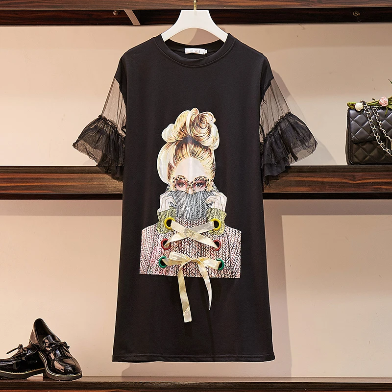 

2019 New Runway Plus Size Women's Fashion Streetwear Spectacles dress girl Print Mesh Patchwork Butterfly Sleeve Dresses Vestido