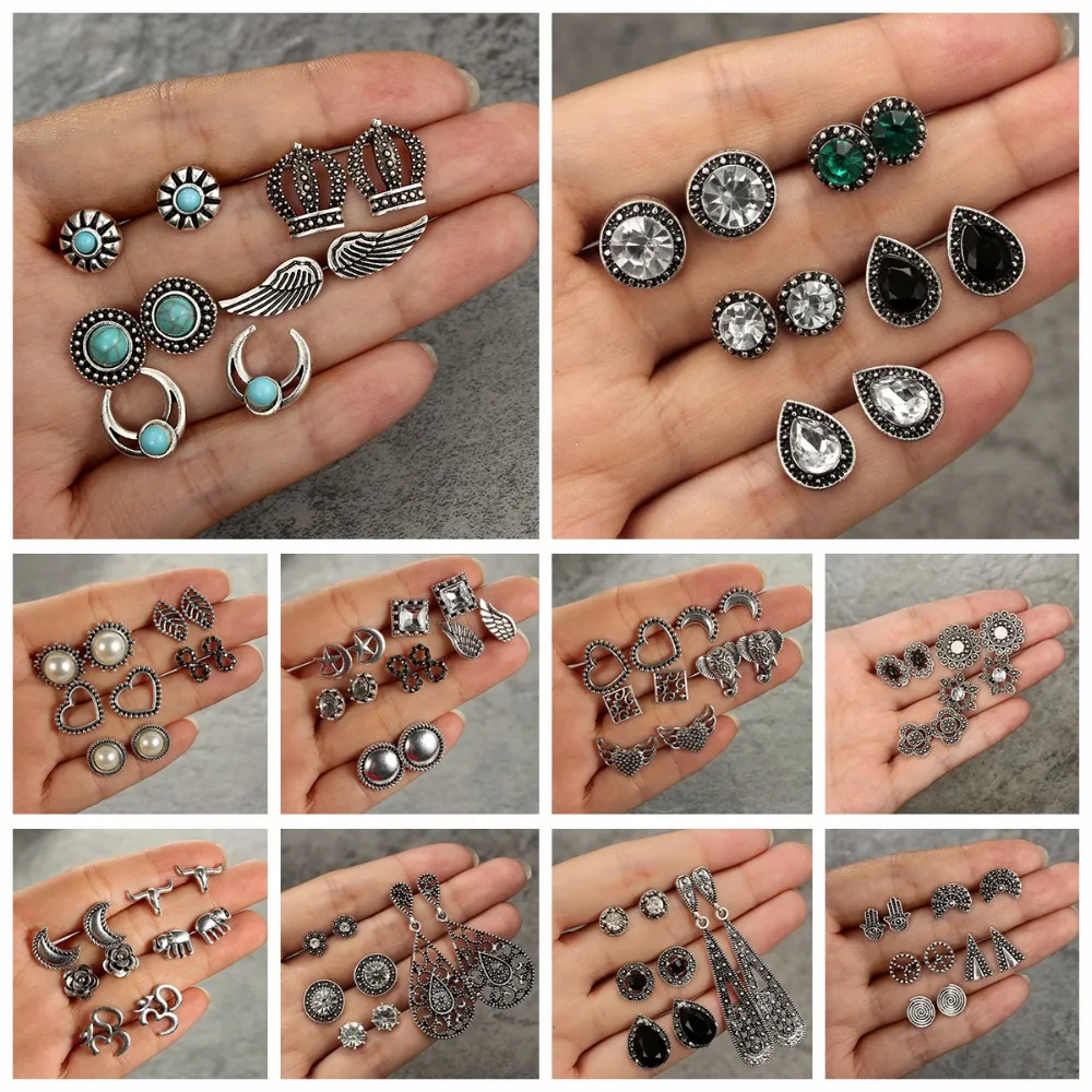 HuaTang, винтажные античные серебряные серьги, набор геометрических цветов, белые, черные стразы, серьги-гвоздики, ювелирное изделие