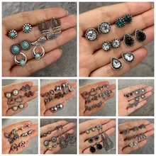 HuaTang, винтажные античные серебряные серьги, набор геометрических цветов, белые, черные стразы, серьги-гвоздики, ювелирное изделие