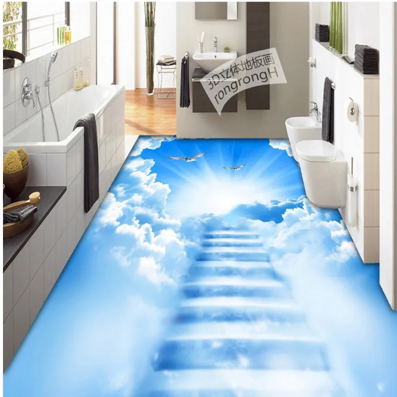 

Free shipping custom Cloud ladder 3D creative floor painting lobby flooring moisture proof non-slip living room wallpaper mural