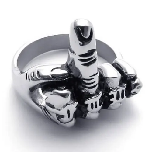 

Men's Biker Middle Finger Up Stainless Steel Ring, Silver Black,modern,cool,hip hop rings,stainless steel biker rings