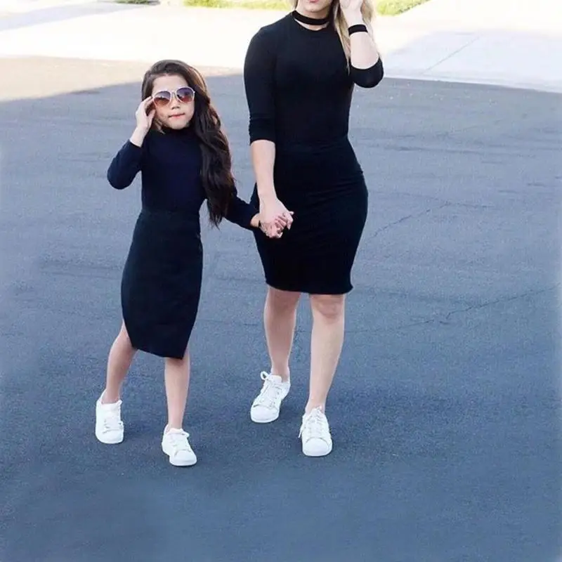 

2pcs/set Family Matching Outfits Autumn Mom Daughter Kids Clothes Set Solid Color Parent-child T-shirt Hip-wrapped Skirt Outfits