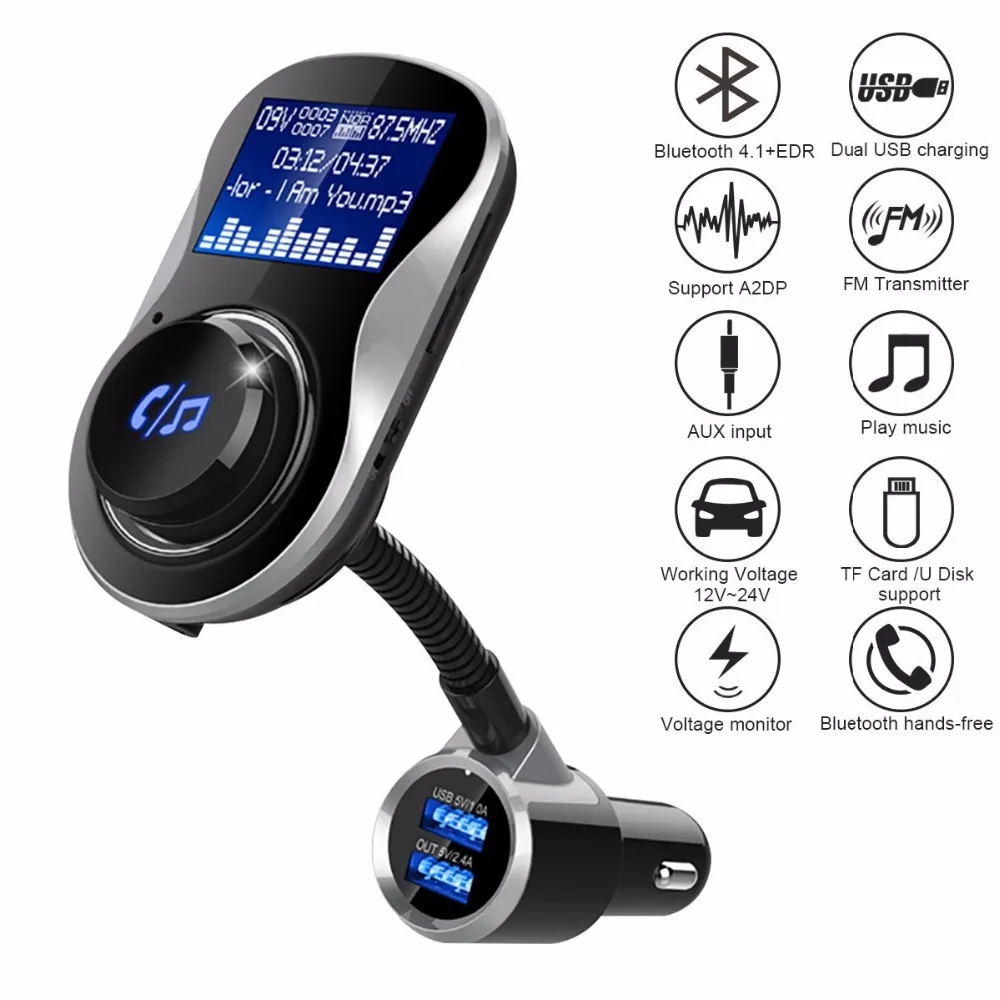 

Bluetooth Car Kit FM Modulator Bluetooth FM Transmitter Aux In Handsfree Car MP3 Player 5V 3.4A 2-USB Charger with TF Card Slot