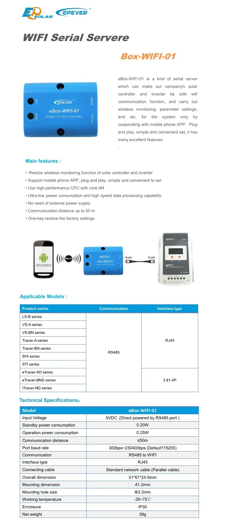 Bluetooth e Wifi Caixa de Telefone Uso para ep Epsolar Móvel Tracer Controlador Solar Comunicação Ebox-ble-01 Epever App 3 Renovação da Casa