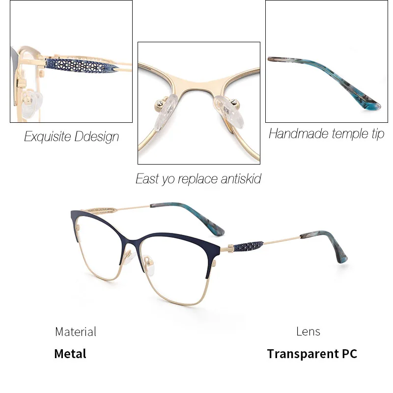 Metal Women Spectacle frame New Design Optical Prescription Glasses Frame Clear lens Blue Color Eyeglasses#3742