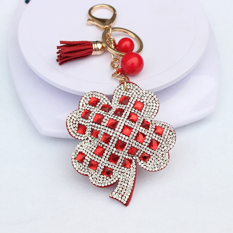 Leather High Quality crystal rhinestone Key chain Fashion Creative cute 11 color Four Leaf Clover Lucky women Chain ring | Украшения и