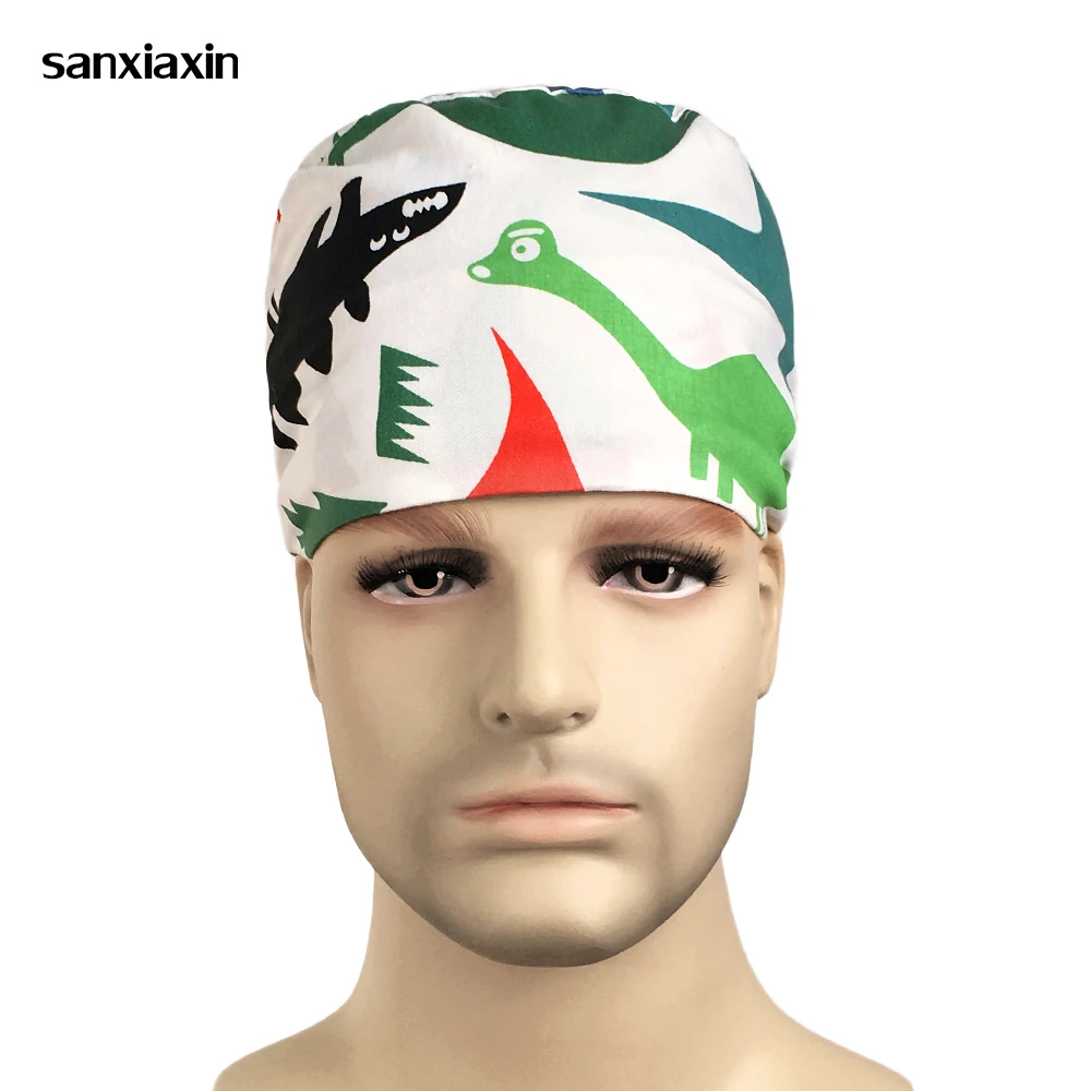 

New Dinosaur shark print Men's Medical Scrub Cap Hat Dentist Clinic Work Surgical Hats women Nursing Caps Ultra Soft Cheap Sale