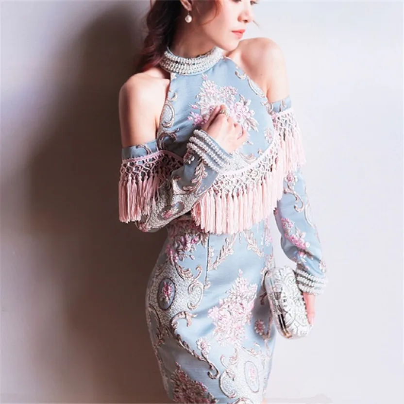 

2019 Chinese Retro Romantic Sudingzhu Embroidery Cheongsam Dress Knee-Length Fashion Zippers Print Dress Women