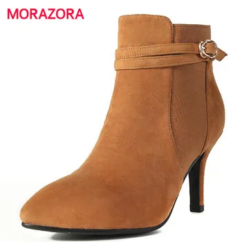 

MORAZORA 2018 New Fashion women's boots pointed toe buckle ankle boots British style high heel suede leather boots size 34-40