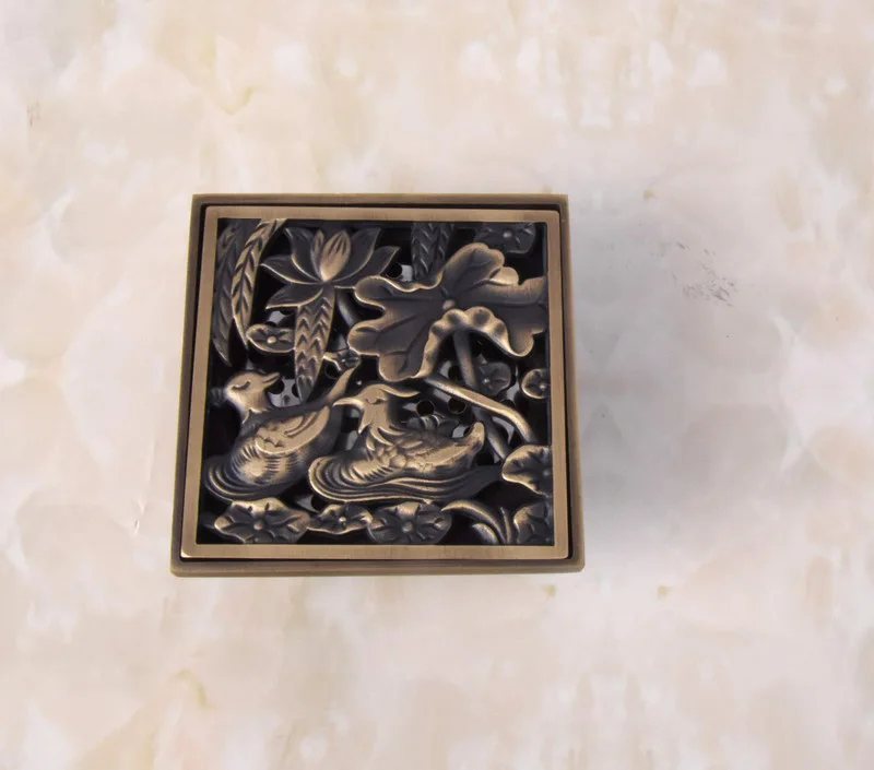 

Antique Brass Carved Double Duck Pattern Bathroom Shower Drain 4" Square Floor Drain Waste Grates ahr036