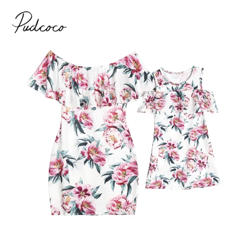 

2018 Brand New Family Mother Daughter Summer Matching Flower Dress Womens Girls Party Dress Off Shoulder Ruffled Sundress