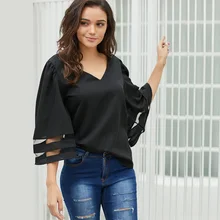 Women V Neck Chiffon Shirt 3/4 Bell Sleeve Mesh Patchwork Tops Loose Casual Tee Flare Sleeve Women V Neck Chiffon Shirt 3/4 Bell Sleeve Mesh Patchwork Tops Loose Casual Tee Flare Sleeve