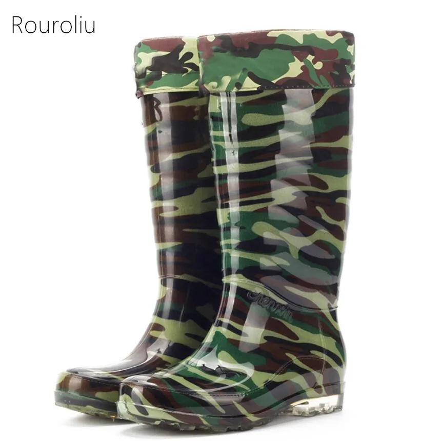 Rouroliu Men Knee High PVC Camouflage Green Rain Boots Male Autumn