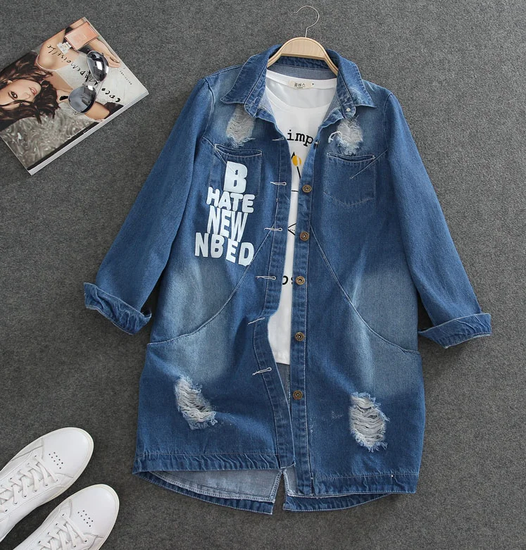 incredible  Ladies Denim Jackets Women Spring Turn Down Collar Hole Long Sleeve Casual Denim Jacket Women Jeans