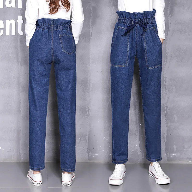 2018 Autumn winter new flower buds loose waist curling jeans women street fashion girls pants black high waist boyfriend jeans