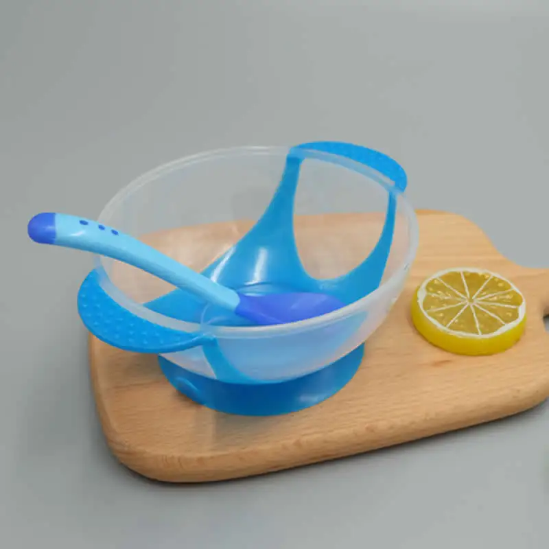 baby Solid Feeding dinnerware Feeding Set Baby Cutlery Sets Drop Resistance Temperature Sensing Spoon Sucker Bowl For Baby Feed - Цвет: The blue bowl spoon