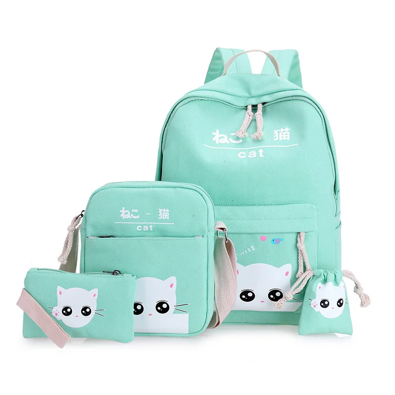 Fashion female backpack 5 Pcs/set Casual Rucksack Women School Backpacks Schoolbags School For Girl Teenagers Canvas Backpack - Цвет: Светло-зеленый