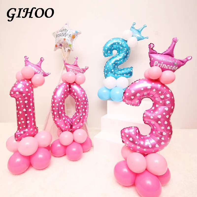 GIHOO 1 комплект, воздушные шары на день рождения, голубые, розовые, с цифрами, фольгированные шары на 1, 2, 3, 4, 5, 6, 7, 8, 9 лет, украшения на день рождения, Детские шары