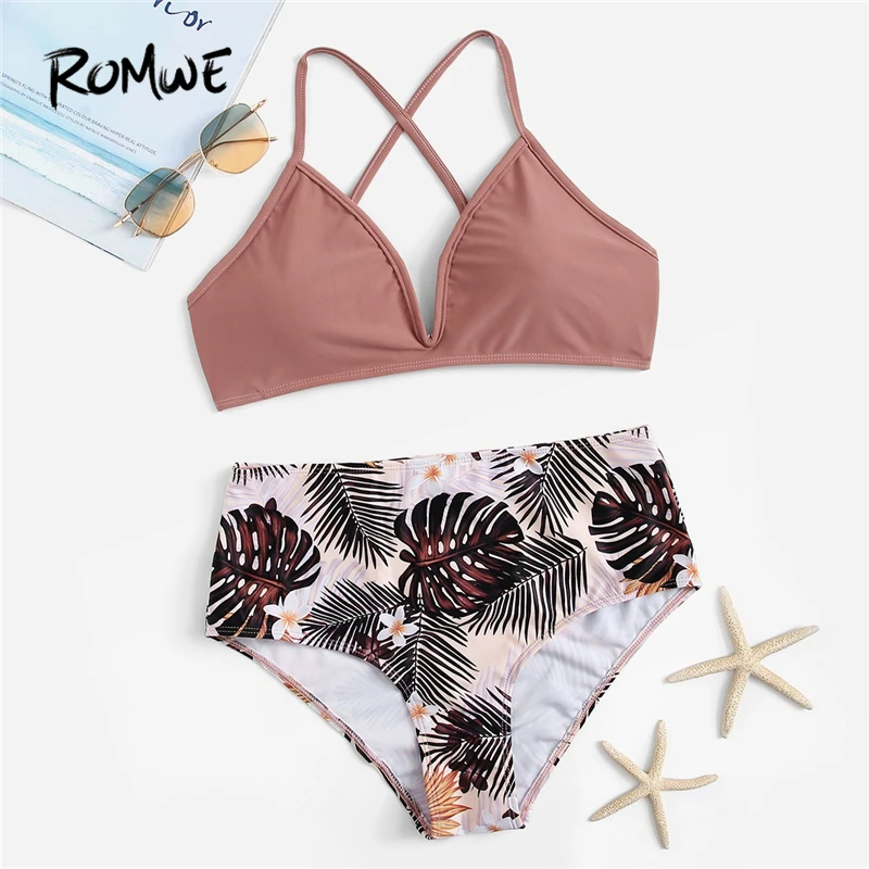 

Romwe Sport Criss Cross Top With Tropical Bottoms Bikinis Set Women Summer Sexy High Waist Wire Free Beach Two-Pieces Suits