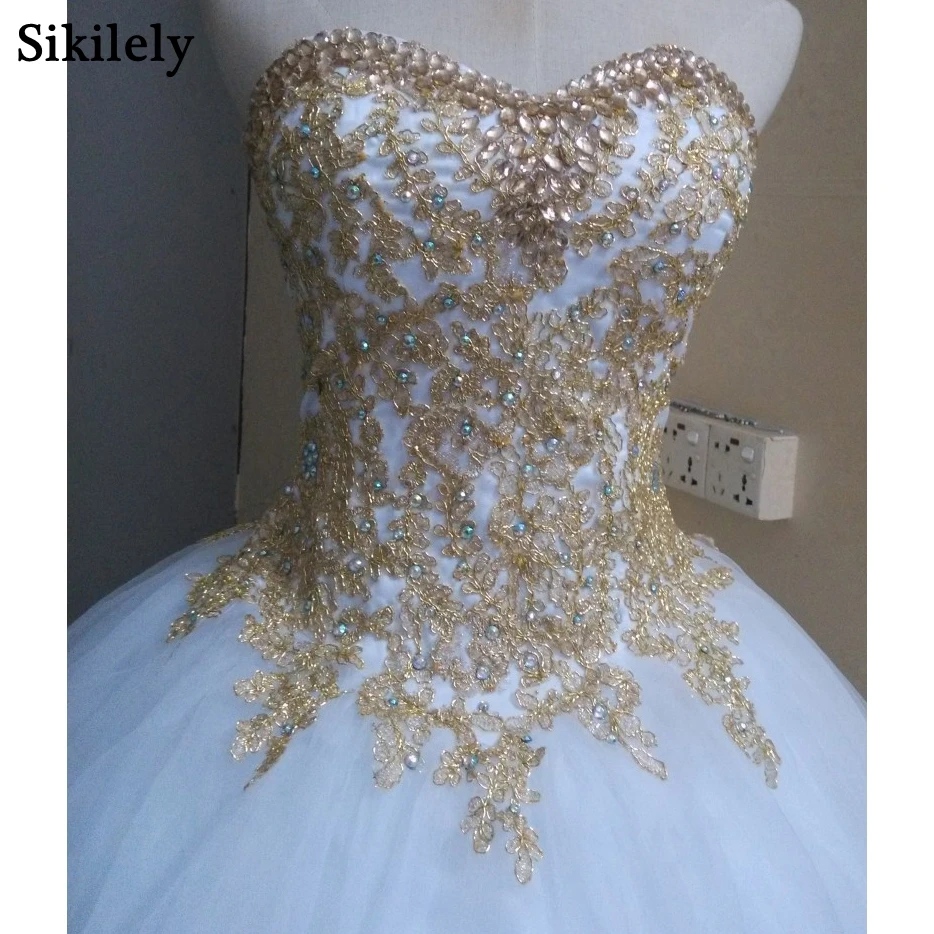 Sikilely Popular White Quinceanera Dress 15 anos Ball Gown Gold Lace