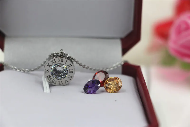 Нержавеющая сталь 4 цвета Кристаллы Камень Сменные римские цифры кулон ожерелье для женщин ювелирные изделия Пара Ожерелье s K0036 - Окраска металла: Посеребренный