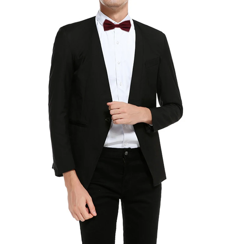 

New Male Casual Suit Jacker Solid Color men Party dress O-neck men Blazers Slim fit Men's Suit Jacket+bow-tie 2 piece