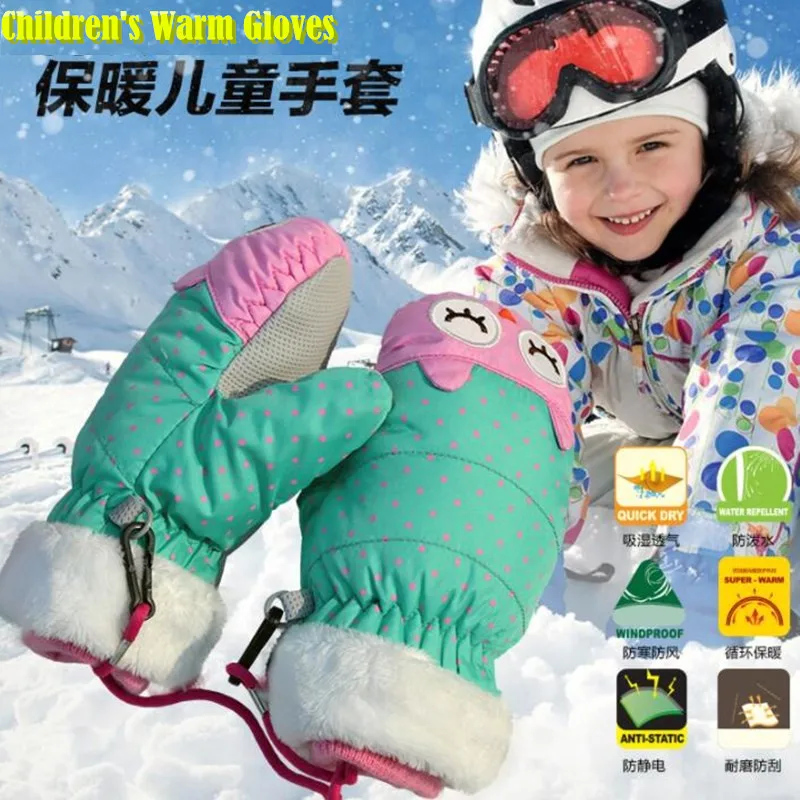 Children Ski Gloves,Winter 2X Plus Velvet Kids Girls Cute Cartoon Waterproof Windproof Non-slip Warm Mittens,Fit for 3-12 age